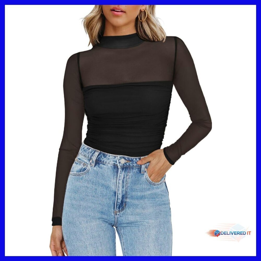 Mesh Long Sleeve Mock Turtleneck Top Ruched Blouse Polyester Spandex